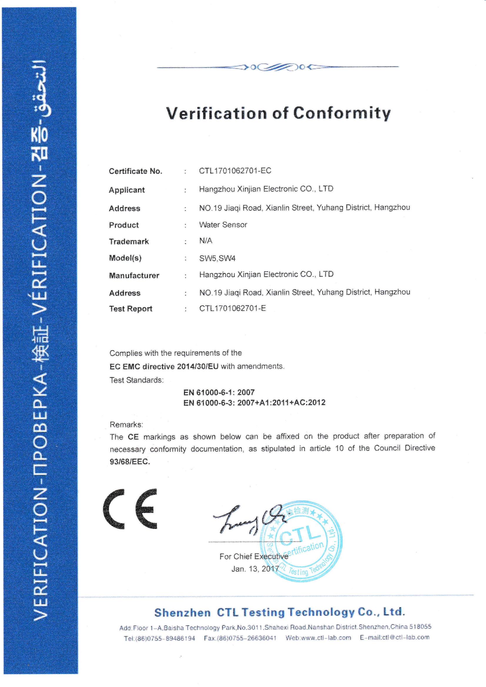 water sensor CE certificate